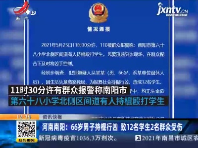 河南南阳： 66岁男子持棍行凶 致12名学生2名群众受伤