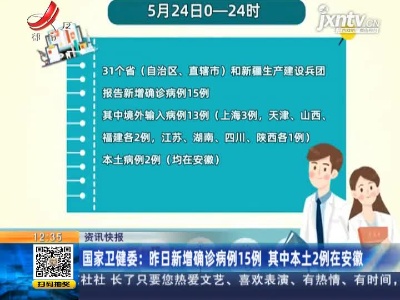 国家卫健委：5月24日新增确诊病例15例 其中本土2例在安徽