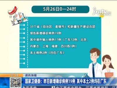 国家卫健委：5月26日新增确诊病例19例 其中本土2例均在广东