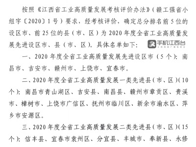 2020年度江西工业高质量发展先进市县名单公布 30个市县上榜