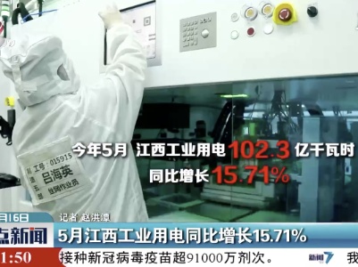 5月江西工业用电同比增长15.71%
