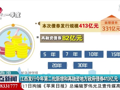 江西发行2021年第二批新增和再融资地方政府债券413亿元