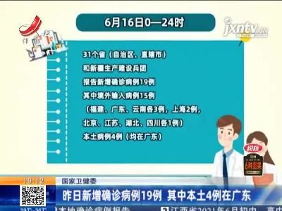 国家卫健委：6月16日新增确诊病例19例 其中本土4例在广东
