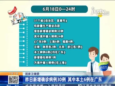 国家卫健委：6月18日新增确诊病例30例 其中本土6例在广东