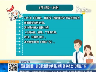 国家卫健委：6月1日新增确诊病例24例 其中本土10例在广东