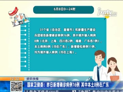 国家卫健委：6月8日新增确诊病例16例 其中本土8例在广东