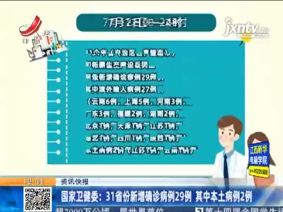 国家卫健委： 31省份新增确诊病例29例 其中本土病例2例