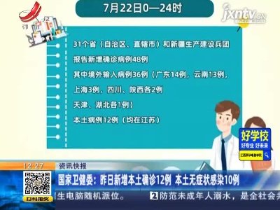国家卫健委：7月22日新增本土确诊12例 本土无症状感染10例