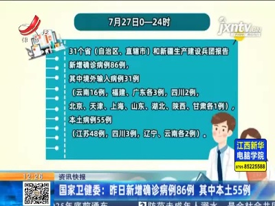 国家卫健委：7月27日新增确诊病例86例 其中本土55例