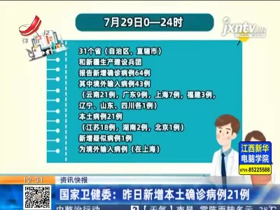 国家卫健委：7月29日新增本土确诊病例21例