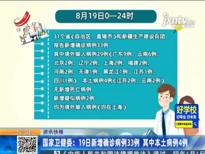 国家卫健委：8月19日新增确诊病例33例 其中本土病例4例