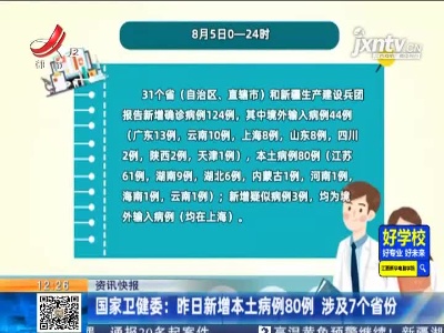 国家卫健委：8月5日新增本土病例80例 涉及7个省份