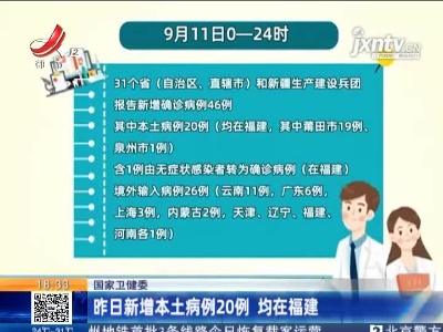国家卫健委：昨日新增本土病例20例 均在福建