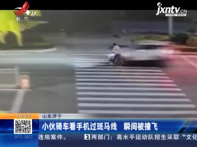山东济宁：小伙骑车看手机过斑马线 瞬间被撞飞