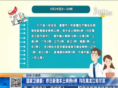 国家卫健委：9月29日新增本土病例6例 均在黑龙江哈尔滨