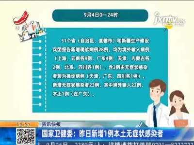 国家卫健委：9月4日新增1例本土无症状感染者