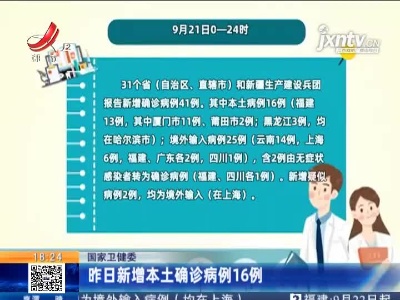 国家卫健委：9月21日新增本土确诊病例16例
