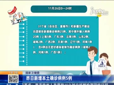 国家卫健委：昨日新增本土确诊病例5例