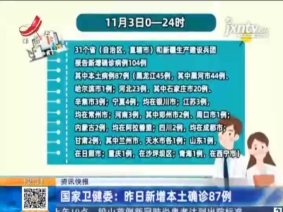 国家卫健委：昨日新增本土确诊87例