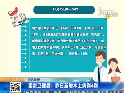 国家卫健委：昨日新增本土病例4例