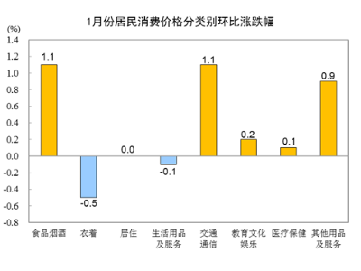 国家统计局：1月份居民消费价格同比上涨0.9%
