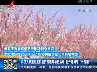 武汉大学推迟抗疫医护赏樱专场日活动 将开通网络“云赏樱”