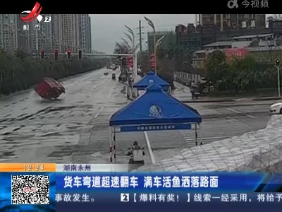 湖南永州：货车弯道超速翻车 满车活鱼洒落路面