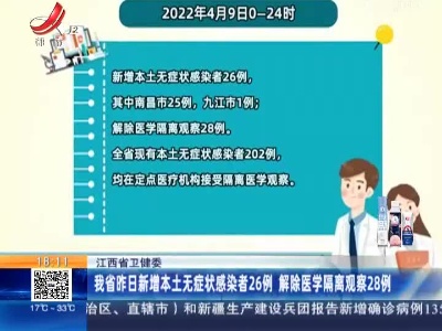 江西省卫健委：我省昨日新增本土无症状感染者26例 解除医学隔离观察28例