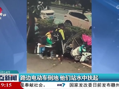 路边电动车倒地 他们站水中扶起