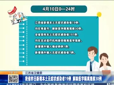 江西省卫健委：我省昨日新增本土无症状感染者19例 解除医学隔离观察30例