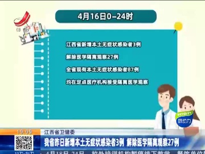 江西省卫健委：我省昨日新增本土无症状感染者3例 解除医学隔离观察27例