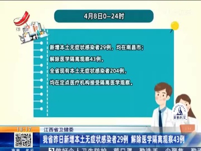 江西省卫健委：我省昨日新增本土无症状感染者29例 解除医学隔离观察43例