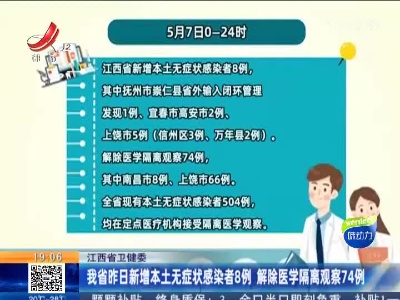 江西省卫健委：我省昨日新增本土无症状感染者8例 解除医学隔离观察74例