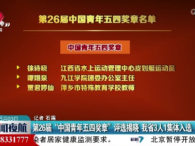 第26届“中国青年五四奖章”评选揭晓 我省3人1集体入选
