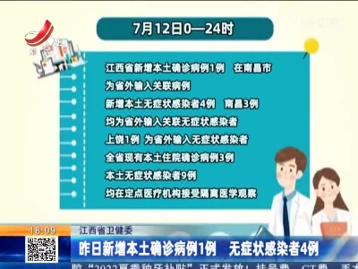 江西省卫健委：昨日新增本土确诊病例1例 无症状感染者4例