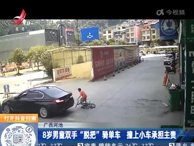 广西河池：8岁男童双手“脱把”骑单车 撞上小车承担主责