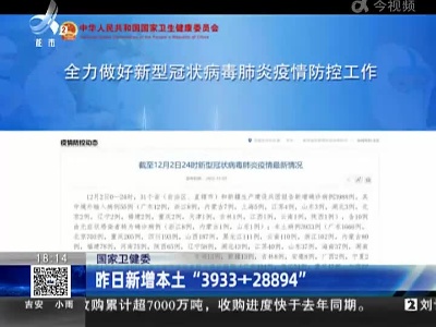 国家卫健委：昨日新增本土“3933+28894”