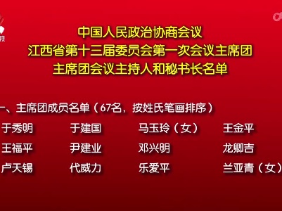 中国人民政治协商会议江西省第十三届委员会第一次会议主席团、主席团会议主持人和秘书长名单