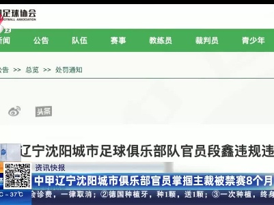 中甲辽宁沈阳城市俱乐部官员掌掴主裁被禁赛8个月