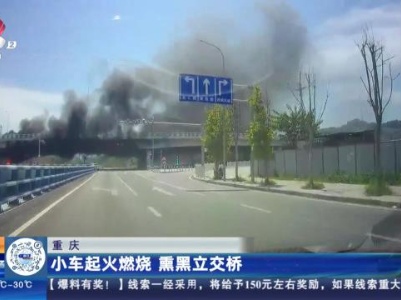 重庆：小车起火燃烧 熏黑立交桥