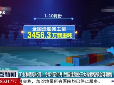 工业和信息化部：今年1至10月 我国造船业三大指标继续全球领跑