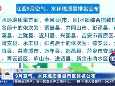 江西：9月空气、水环境质量县市区排名公布