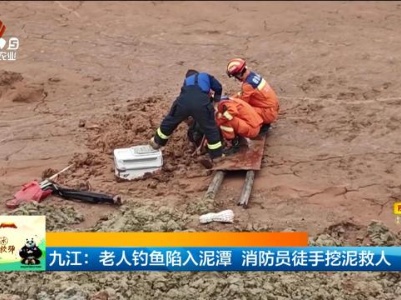九江：老人钓鱼陷入泥潭 消防员徒手挖泥救人