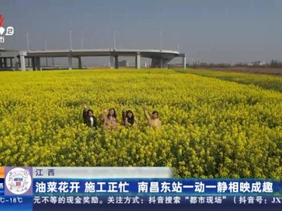 江西：油菜花开 施工正忙 南昌东站一动一静相映成趣