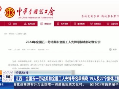 江西：全国五一劳动奖和全国工人先锋号名单揭晓 19人及27个集体上榜