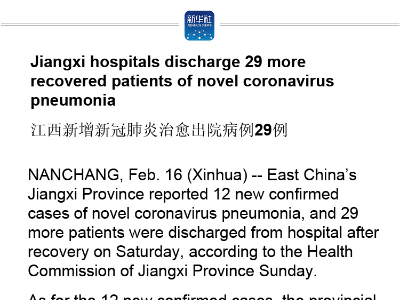 Jiangxi hospitals discharge 29 more recovered patients of novel coronavirus pneumonia