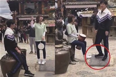 郭京飞王珞丹坐在景区雕塑上踩石碑引争议 当地回应
