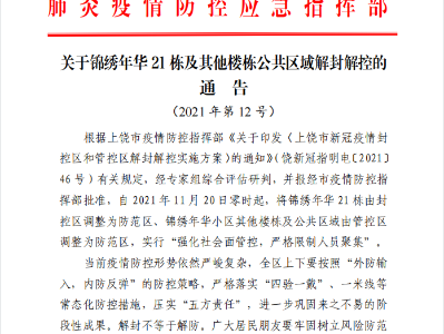 关于锦绣年华21栋及其他楼栋公共区域解封解控的通  告 （2021年第12号）