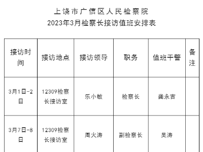 上饶市广信区人民检察院2023年3月检察长接访值班安排表