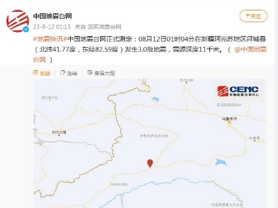 新疆阿克苏地区拜城县发生3.0级地震 震源深度11千米